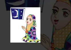 دختر در حال دعا خواندن بصورت با چادر سر سجاده دختر وکتور AI یا دانلود وکتور نقاشی دختر با چادر گلدار بر سر در حال عبادت و عکس پنجره باز و ماه در شب