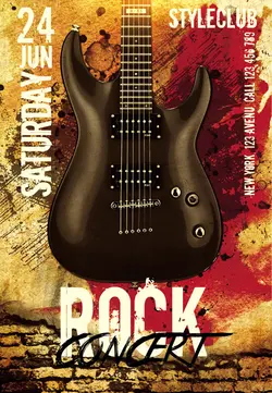 تراکت و پوستر لایه باز موسیقی و نوازندگی + PSD با تصویر فانتزی گیتار الکتریک و پس زمینه زیبا