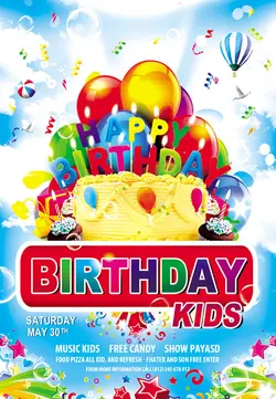 تراکت و پوستر لایه باز جشن تولد و مهد کودک + PSD با پس زمینه آسمان زیبا و کیک تولد و کاپ کیک های زیبا و بادکنک های رنگی