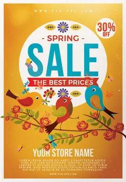 پوستر یا تراکت لایه باز تبلیغاتی جشنواره فروش بهاره با رنگ بندی و طرح زیبای پرندگان با تخفیف ویژه و بهترین قیمت ها در نوروز مناسب برای تمامی فروشگاه ها با طراحی فانتزی زیبا