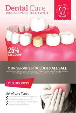 بروشور یا تراکت تبلیغاتی لایه باز کلینیک تخصصی دندان پزشکی ، ایمپلنت ، کاشت و مراقبت از دندان با تصویر فانتزی لثه و دندان ها از نمای نزدیک و بیمار با درد دندان