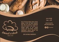 بروشور سه لت تبلیغاتی لایه باز یا منوی شیرینی فروشی یا فروشگاه انواع نان ، کلوچه و کیک خانگی با تصاویر انواع کیک و نان فانتزی با رنگ بندی تیره