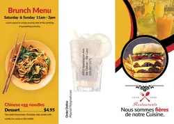 بروشور سه لت تبلیغاتی لایه باز مخصوص منوی ساندویچ فروشی، فست فود و سالادهای مختلف همراه با انواع نوشیدنی و نودل و غذای چینی