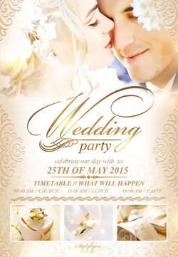 تراکت و پوستر لایه باز کارت دعوت عروسی بسیار زیبا + PSD با عکس عروس و دوماد و کیک عروسی و حلقه ازدواج ویژه سالن های تشریفات عروسی و کارت های دعوت عروسی وسالگرد ازدواج و غیره