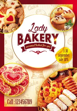 تراکت و پوستر لایه باز نانوایی صنعتی و کیک پزی + PSD یا پوستر لایه باز کیک و شیرینی پزی و نان فانتزی با تصاویر کیک و شیرینی و نان های خوشمزه