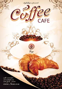 تراکت و پوستر لایه باز قهوه و قهوه فروشی و قهوه خانه + PSD یا پوستر لایه باز زیبا با فنجان پر از دانه های قهوه و شیرینی های خوشمزه و طراحی زیبا در پس زمینه