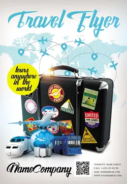 تراکت و پوستر لایه باز گردشگری و سفر دور دنیا + PSD یا تراکت و پوستر لایه باز با طرح فانتزی وسایل حمل و نقل عمومی نظیر اتوبوس و قطار و هواپیما و چمدان با آرم اکثر کشورها
