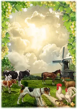 قاب و عکس و فریم کودکانه حاشیه درخت انگور با منظره و حیوانات با طرحی شاد بصورت لایه باز مناسب مهد کودک و پیش دبستانی و دبستان + PSD یا قاب و فریم عکس مزرعه فانتزی کودکانه با تصاویرر حیوانات مزرعه و آسیاب و ابرهای زیبا