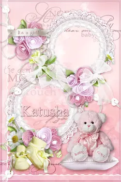 طرح فریم یا قاب عکس لایه باز طرح کودک یا مهد کودک ویژه آلبوم عکس کودک + PSD کودک با جای درج دو عکس کودک و طرح خرس کوچک صورتی و گل و روبان