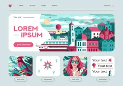 قالب وکتور صفحه وب با تبلیغات آژانس مسافرتی منظره شهر قدیمی با زمینه دریا