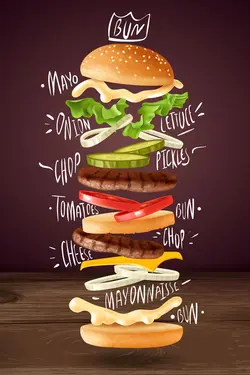 طرح وکتور همبرگر باز شده با بک گراند