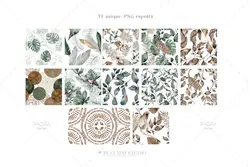 PNG حیوانات، گیاهان و گل و بوته آبرنگی تروپیکال + پترن، قاب و فریم و عناصر طراحی