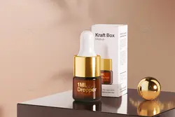 موکاپ بطری قطره چکان ا میلی لیتری کهربایی با جعبه