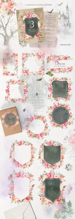 طرح رویایی پری و فرشته آبرنگی + پترن، گل و بوته و عناصر طراحی