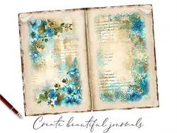 12 بک گراند کاغذ قدیمی با طرح گل های فیروه ای