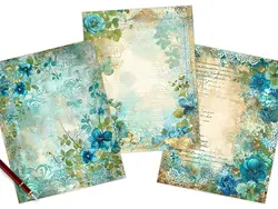 12 بک گراند کاغذ قدیمی با طرح گل های فیروه ای