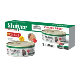 کنسرو غذای گربه طعم گوشت گاو و مرغ برند شایر 90 گرمی پک 3 عددی