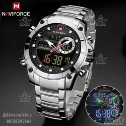ساعت مردانه naviforce چراغ دار بند استیل1785 موتور ژاپن تقویم دار دو زمانه ضدآب دارای روز شمار کد 1916903