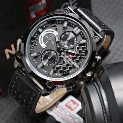 ساعت مردانه چرمی مارک naviforce اصل موتور ژاپن سه موتوره فعال رنگ ثابت کیفیت عالی بند استیل کد 1917030