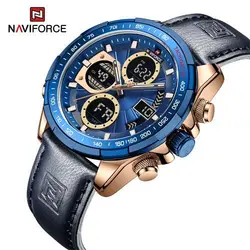 ساعت مردانه naviforce موتور ژاپن جنس بند چرم دو زمانه ضدآب چراغ دار و دارای تقویم کد 1917027