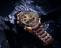 ساعت مردانه Naviforce موتور ژاپن ضدآب دو زمانه چراغ دار دارای تقویم و روز شمار شیشه ضد خش کد 1918006