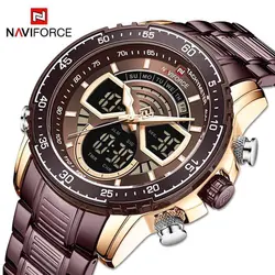 ساعت مردانه فلزی  naviforce موتور ژاپن ضدآب دو زمانه تقویم دار جنس بند استیل با کیفیت چراغ دار همراه با جعبه و کیف دستی کد 1918542