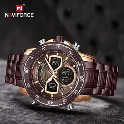 ساعت مردانه فلزی  naviforce موتور ژاپن ضدآب دو زمانه تقویم دار جنس بند استیل با کیفیت چراغ دار همراه با جعبه و کیف دستی کد 1918542