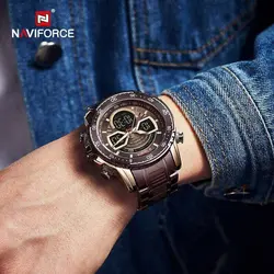 ساعت مردانه فلزی  naviforce موتور ژاپن ضدآب دو زمانه تقویم دار جنس بند استیل با کیفیت چراغ دار همراه با جعبه و کیف دستی کد 1918542