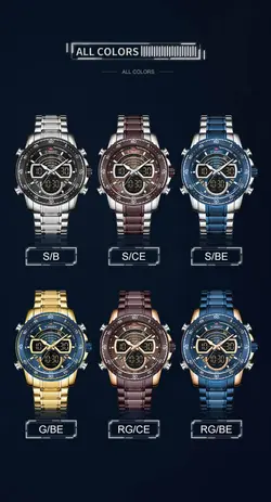 ساعت مردانه فلزی  naviforce موتور ژاپن ضدآب دو زمانه تقویم دار جنس بند استیل با کیفیت چراغ دار همراه با جعبه و کیف دستی کد 1918545