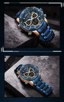 ساعت مردانه فلزی  naviforce موتور ژاپن ضدآب دو زمانه تقویم دار جنس بند استیل با کیفیت چراغ دار همراه با جعبه و کیف دستی کد 1918545