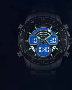 ساعت مردانه فلزی  naviforce موتور ژاپن ضدآب دو زمانه تقویم دار جنس بند استیل با کیفیت چراغ دار همراه با جعبه و کیف دستی کد 1918545