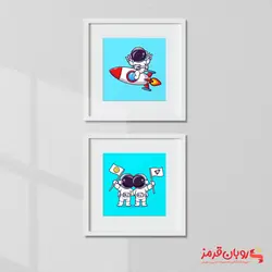 تابلو اتاق کودک فضانورد با پرچم ماه و موشک 48