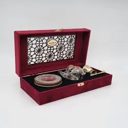 جعبه هدیه مخمل زعفران به همراه قوری و هاون
