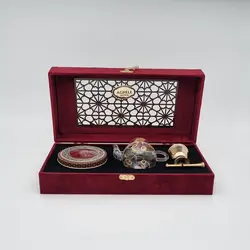 جعبه هدیه مخمل زعفران به همراه قوری و هاون
