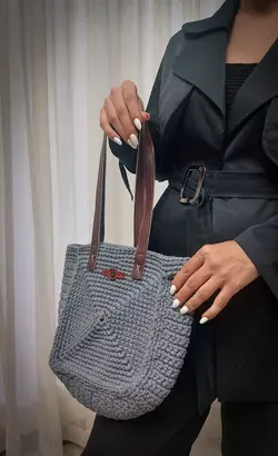 کیف دوشی مکرومه کتان رنگ طوسی