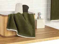 حوله دست نخی با قلاب بافی زیگزاگ سایز 30×40 رنگ سبز زیتونی انگلیش هوم