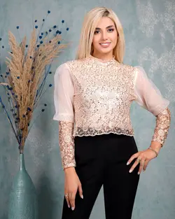 شومیز آستین پف گیپور پولکیPuff sleeve guipure sequined paper