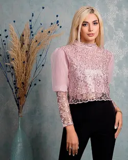 شومیز آستین پف گیپور پولکیPuff sleeve guipure sequined paper