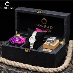 باکس هدیه موزیکال کهکشانی مشکی سه خونه / گل رز صورتی-بنفش کهکشانی