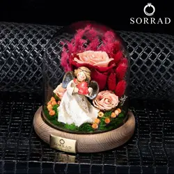 باکس فرشته چوبی جاودان شیشه ای کهکشانی / گل رز کهکشانی صورتی-قرمز