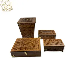 ست چوبی لوازم پذیرایی گلین، شامل جادستمال کاغذی، جا قاشقی، جعبه آجیل و خشکبار و سطل زباله مدل TSET-01