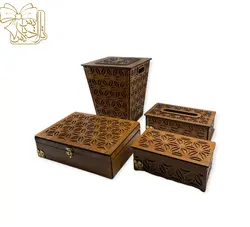 ست چوبی لوازم پذیرایی گلین، شامل جادستمال کاغذی، جا قاشقی، جعبه آجیل و خشکبار و سطل زباله مدل TSET-01