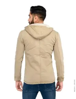 کاپشن کتان کرم کلاهدار داخل خز مدل مردانه