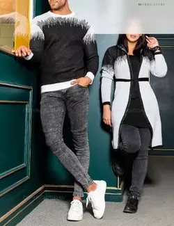 ست پلیور بافت مردانه و مانتو بافت کلاهدار زنانه