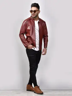 کاپشن چرم پسرانه (قهوه ای) مدل ساده بدون طرح جدید