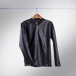 کاپشن چرم مردانه ساده بدون طرح مشکی پوست ماری