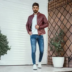 کاپشن چرم مردانه (قهوه ای) زرشکی مدل چرمی ساده شیک