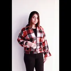 بلوز جلو زیپ و کمربند چهارخونه پشمی