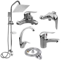 ست 6 تیکه شیرآلات صدف کروم همراه علم دوش دوکاره حمام و شلنگ توالت