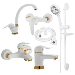 ست 6 تیکه شیرآلات صدف سفید طلایی همراه علم دوش حمام و شلنگ توالت